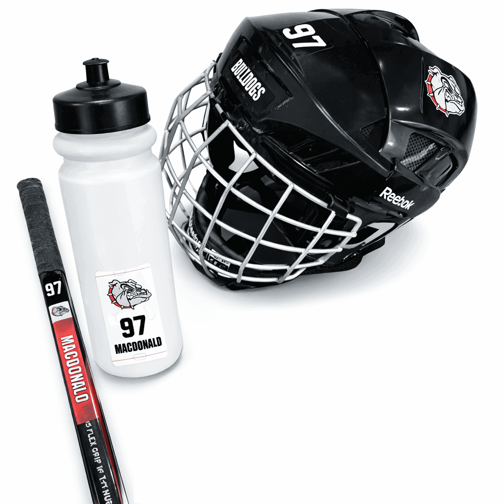 Stinky Lockers Personalized Power Play Sticker Pack-OTO, hockey equipment and accessories including a black helmet, water bottle, and a hockey stick with stickers.
