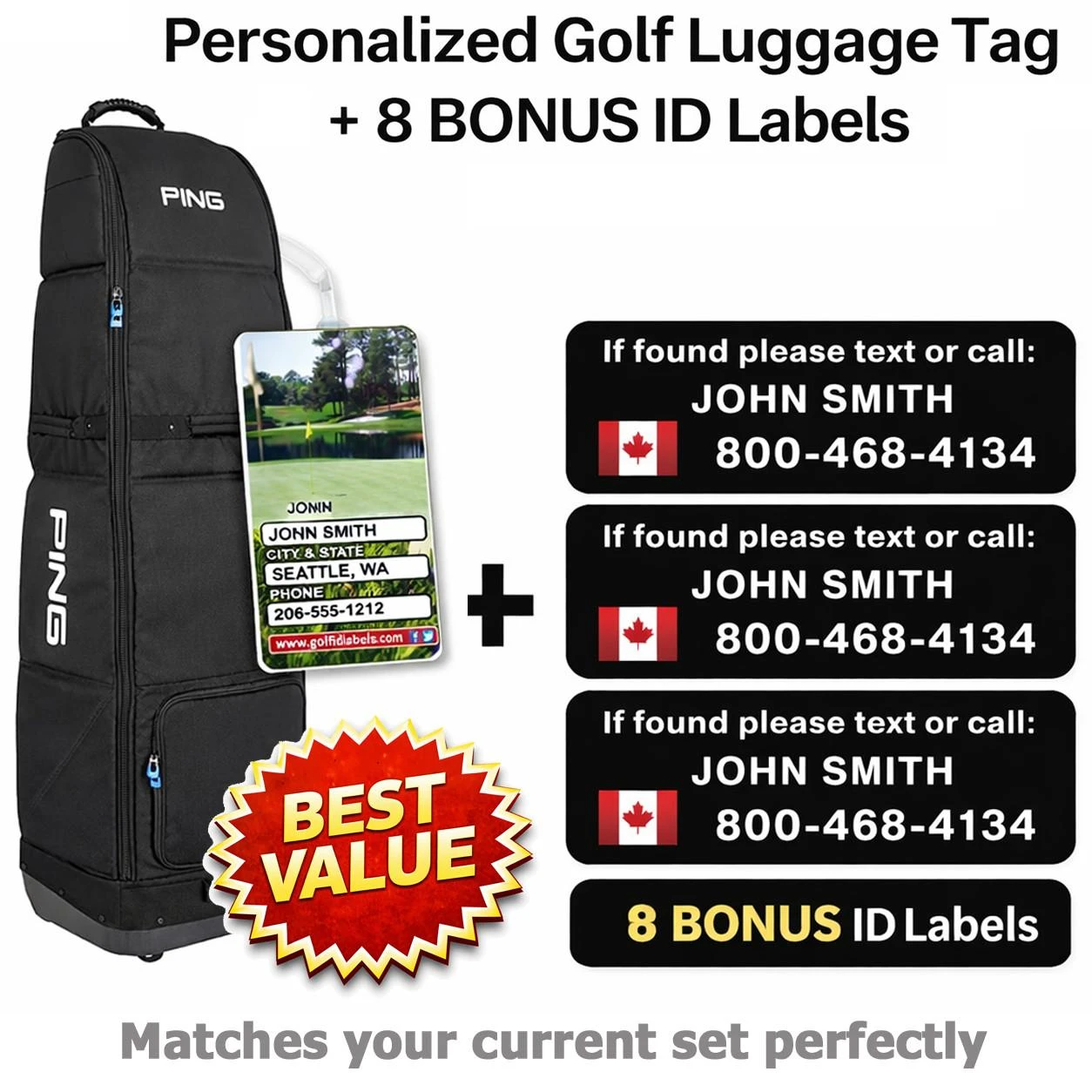 Stinky Lockers Complete Golf ID Add-On Pack, personalized golf luggage tag with contact information and 8 bonus ID labels shown beside a golf bag.