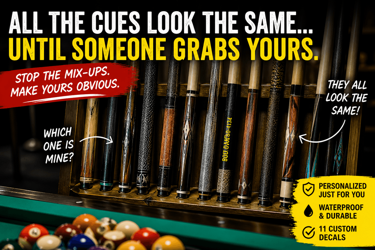 Stinky Lockers Personalized Pool Cue ID Decals, product image showcasing custom billiard cue stickers on cue sticks and pool balls.