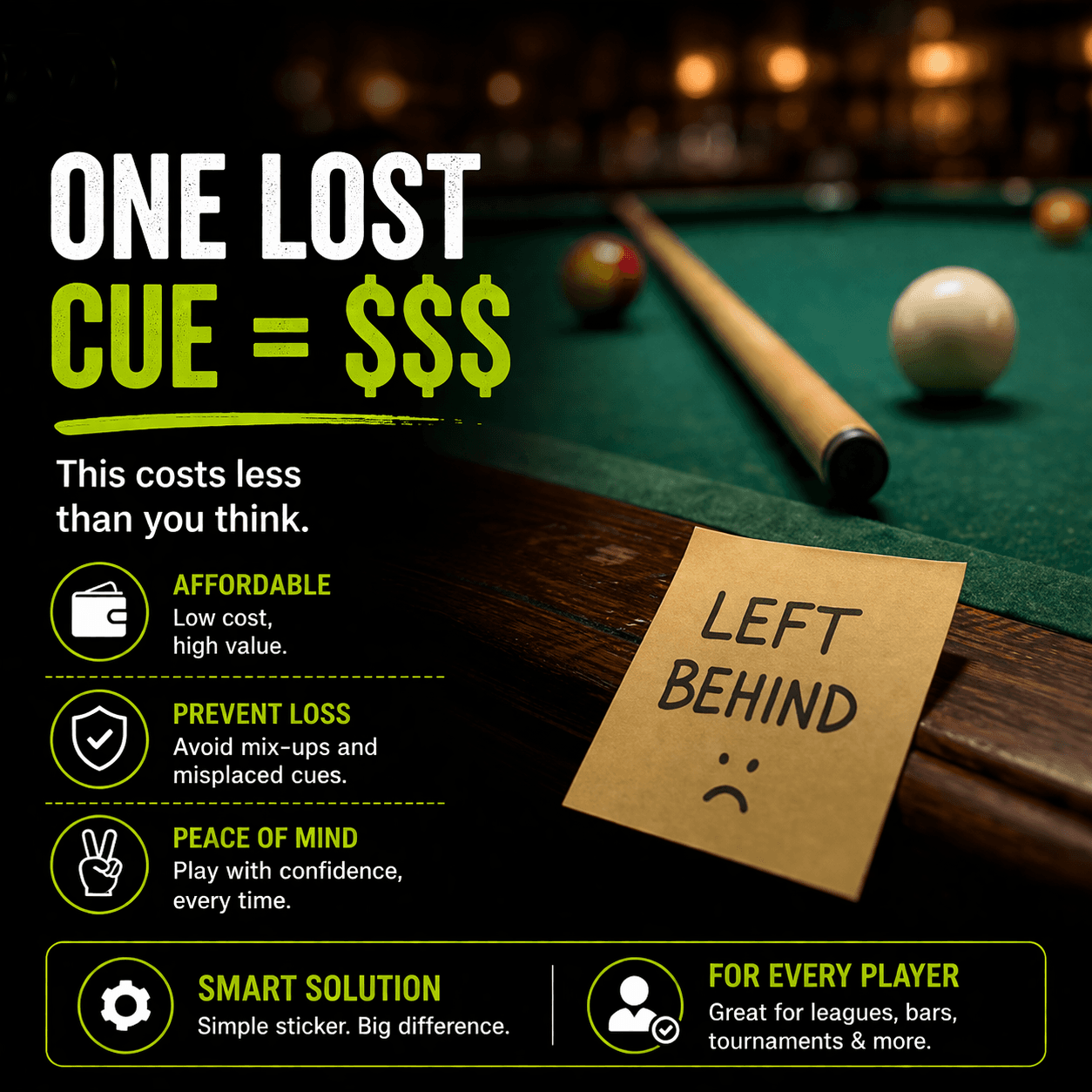 Stinky Lockers Personalized Pool Cue ID Decals, pool cue stickers on a pool table with a note that says 'Left Behind' with a sad face.