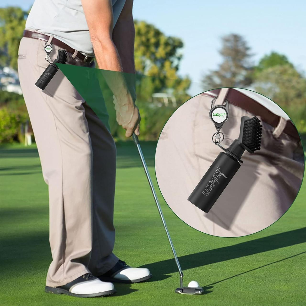Stinky Lockers Pro Golf Club Cleaner Brush Combo With Squeeze Water Bottle, a portable golf club cleaning set attached to a golfer's belt showing the brush and water bottle for cleaning golf clubs on the course.