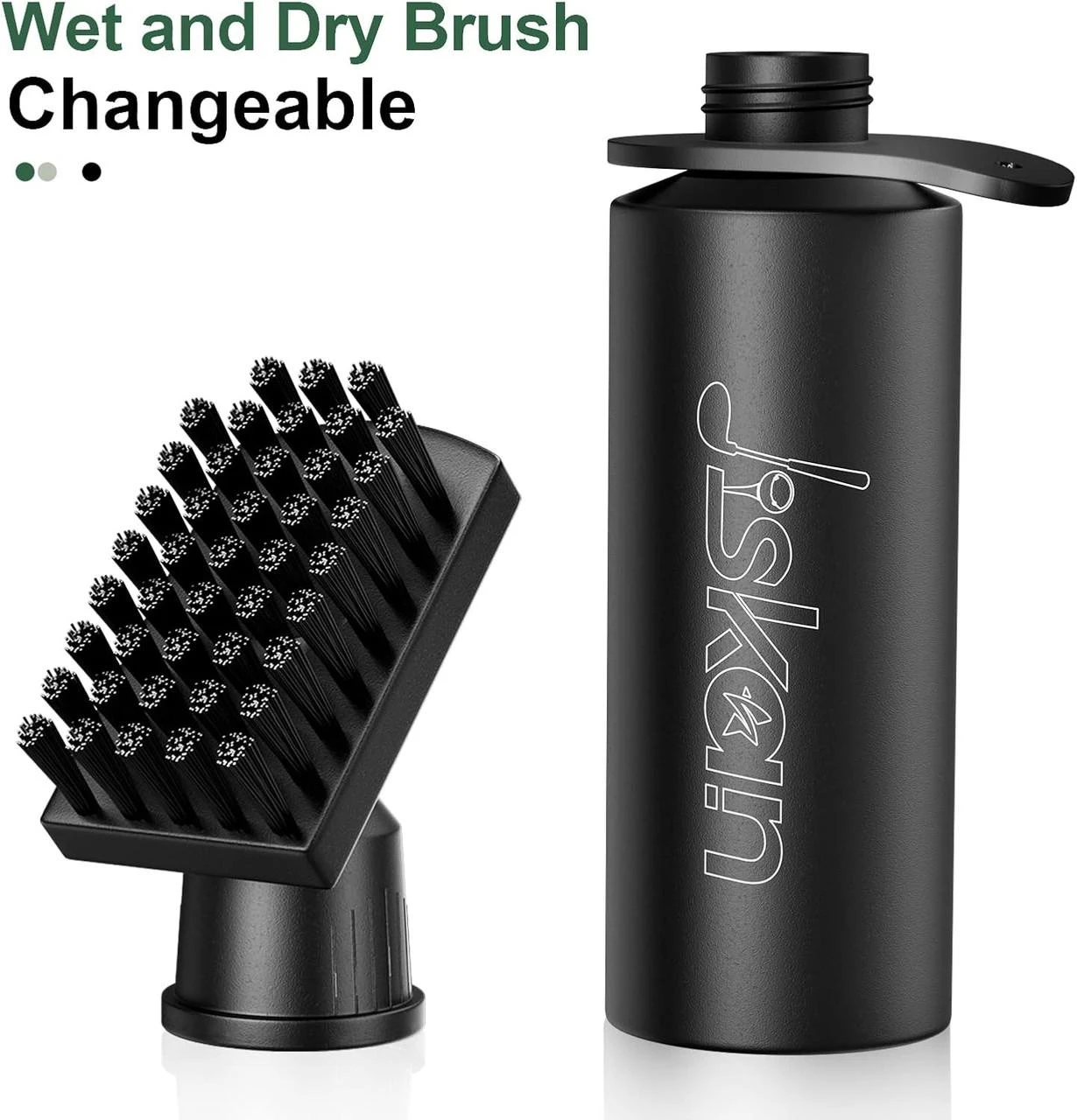 Stinky Lockers Pro Golf Club Cleaner Brush Combo With Squeeze Water Bottle, black golf club cleaning brush with multiple wire bristles and a matching black water bottle for golf club cleaning.