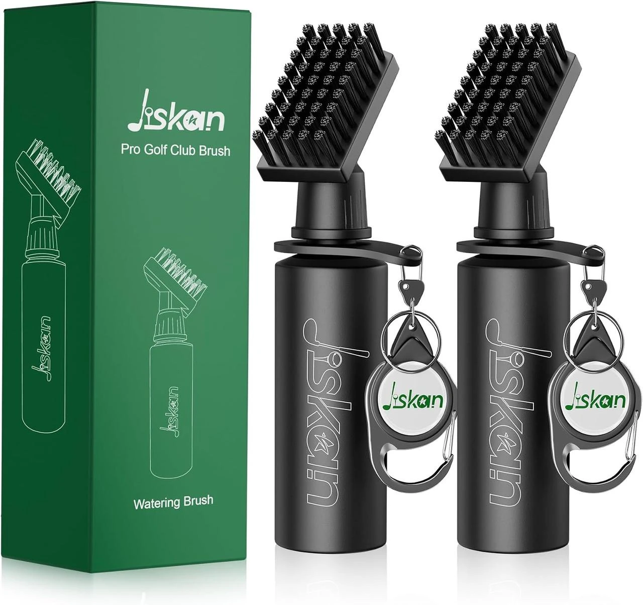 Stinky Lockers Pro Golf Club Cleaner Brush Combo With Squeeze Water Bottle, black cleaning brush with water bottle and keychain design.