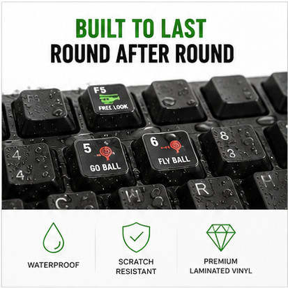 Waterproof laminated golf simulator keyboard stickers designed to resist scratches, fading and everyday use on simulator keyboards.