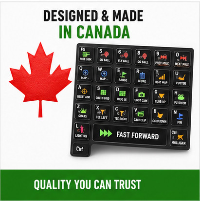Made in Canada premium golf simulator keyboard shortcut stickers designed for standard Windows keyboards and compatible with popular golf simulator software.