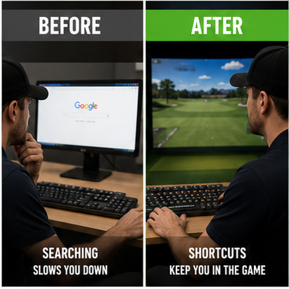 Complete golf simulator keyboard sticker sheet showing shortcut labels for GSPro-compatible golf simulator software including camera, club, course and gameplay commands.