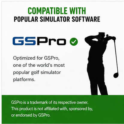 Golf simulator home setup featuring a keyboard with shortcut stickers for quick access to common GSPro-compatible commands during indoor golf practice.