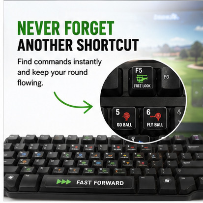 Golf simulator keyboard shortcut stickers help players quickly locate keyboard commands including Flyover, Aim Point, Mulligan, Heat Map and Range Finder.