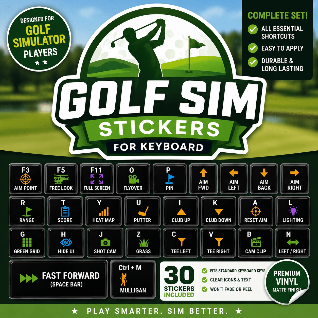 Stinky Lockers Golf Simulator Keyboard Shortcut Stickers, set of 30 stickers for golf simulation keyboard shortcuts for GSPro, designed for golf simulator players.