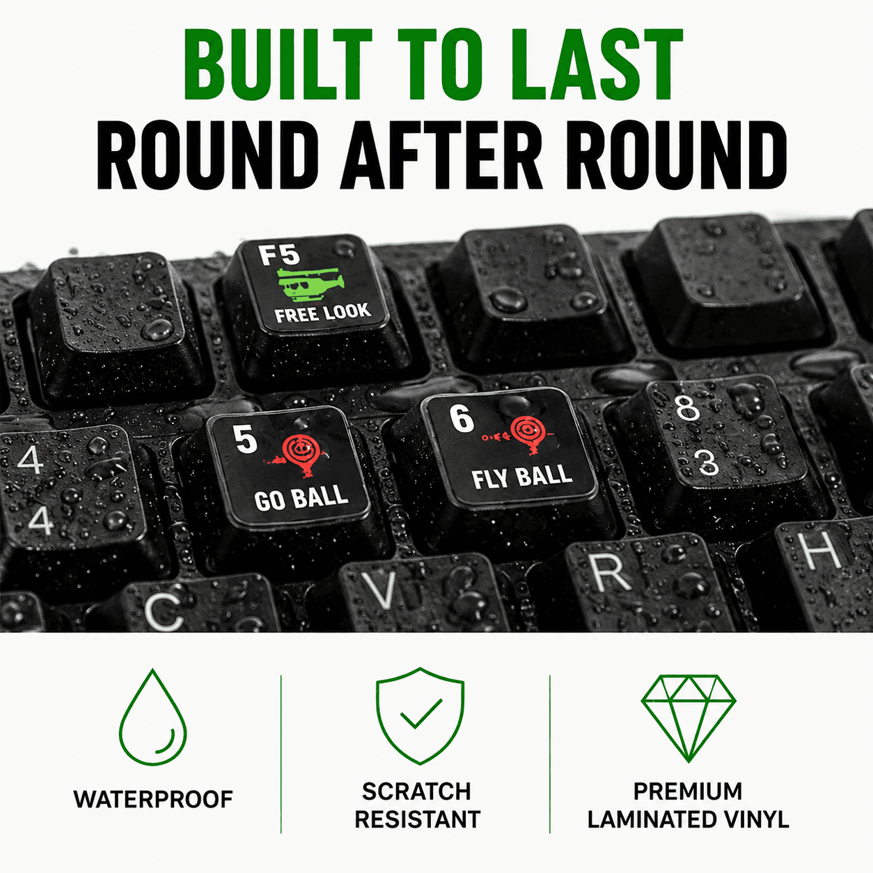 Stinky Lockers Golf Simulator Keyboard Shortcut Stickers, close-up of waterproof and scratch resistant vinyl stickers on a golf keyboard, showing labeled keys with game commands.