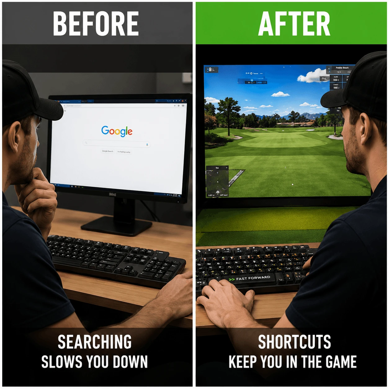 Stinky Lockers Golf Simulator Keyboard Shortcut Stickers — Compatible with GSPro, showing keyboard with shortcut stickers for golf simulation.