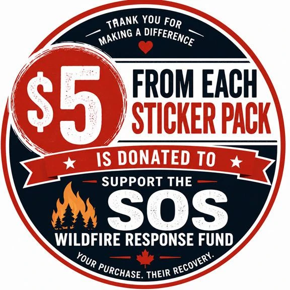 Bald Range Wildfire Firefighter Support Sticker Pack, circular sticker with red, black, and white design, promoting support for wildfire rescue efforts and indicating a donation from each purchase.