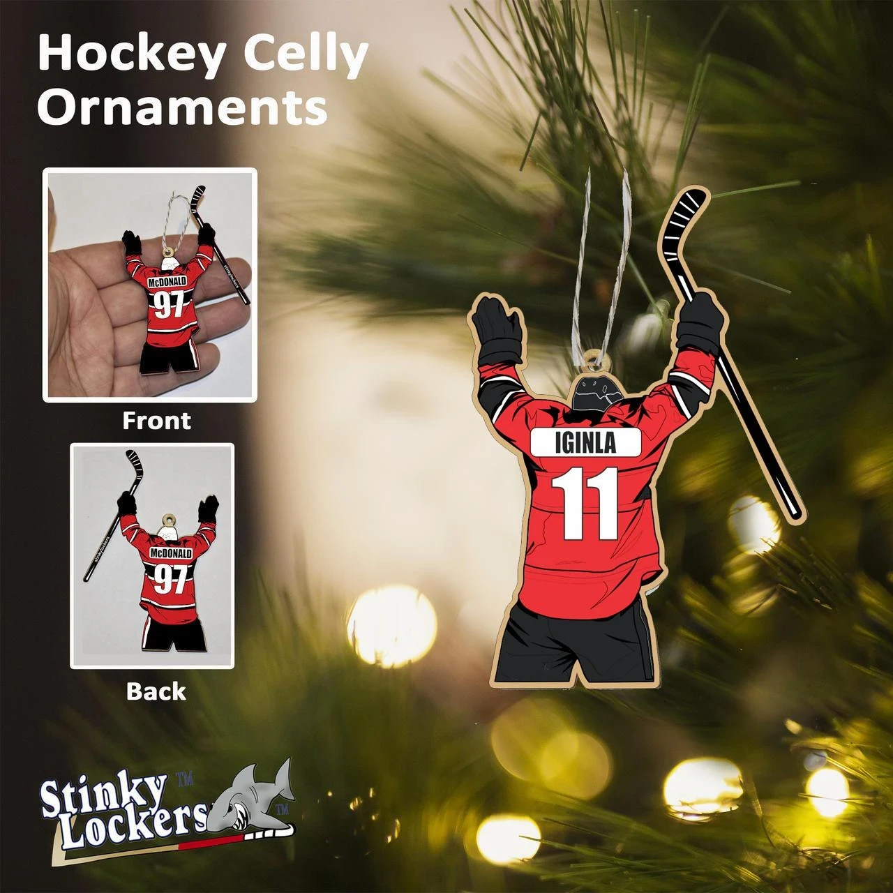 Personalized hockey Christmas ornament featuring a celebrating player with custom name, jersey number and team colours hanging on a Christmas tree.