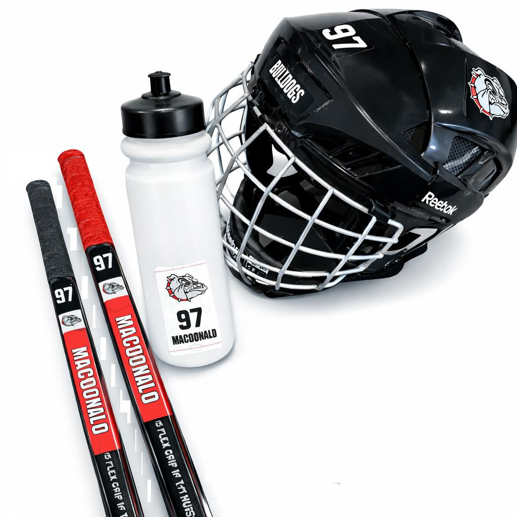 Stinky Lockers Personalized Hockey | Ringette | LAX Sticker Pack, hockey goalie helmet, water bottle, and hockey sticks with team and player design.