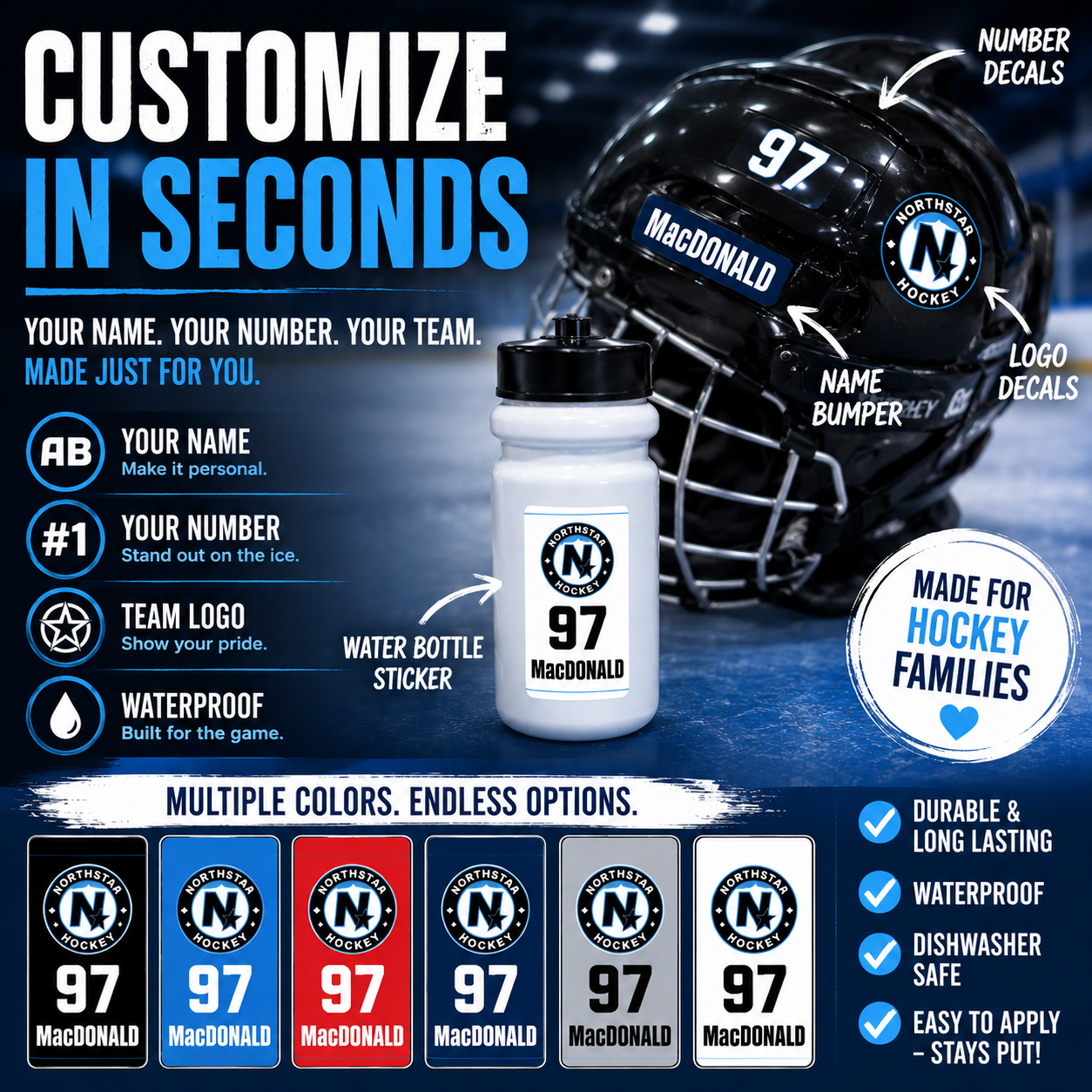 Personalized hockey stick decals available in multiple colors with custom name, number, and team logo options for a unique player look.