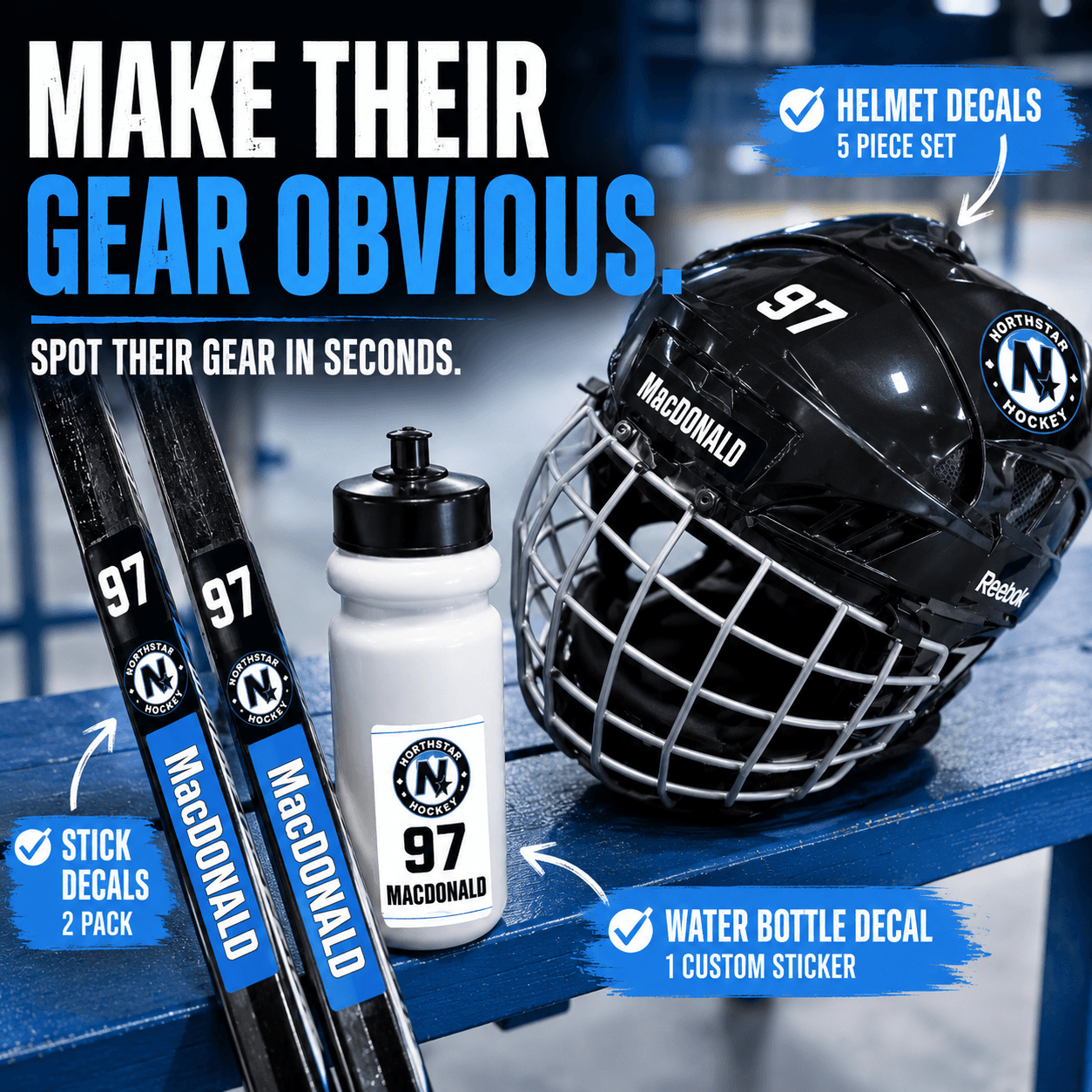 Stinky Lockers Personalized Hockey | Ringette | LAX Sticker Pack, hockey gear with stick decals, water bottle decal, and helmet decals on a blue hockey bench