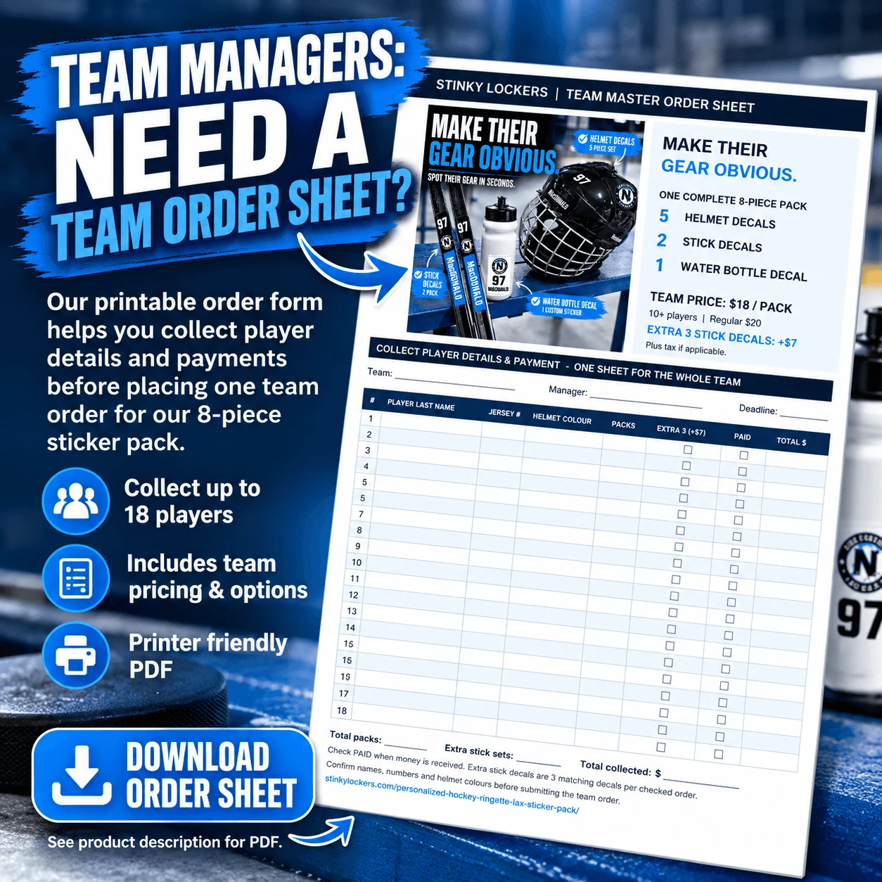 Stinky Lockers Personalized Hockey | Ringette | LAX Sticker Pack, promotional graphic featuring a printable team order sheet for collecting player details and payments, with an 8-piece personalized sports sticker pack and team pricing information.