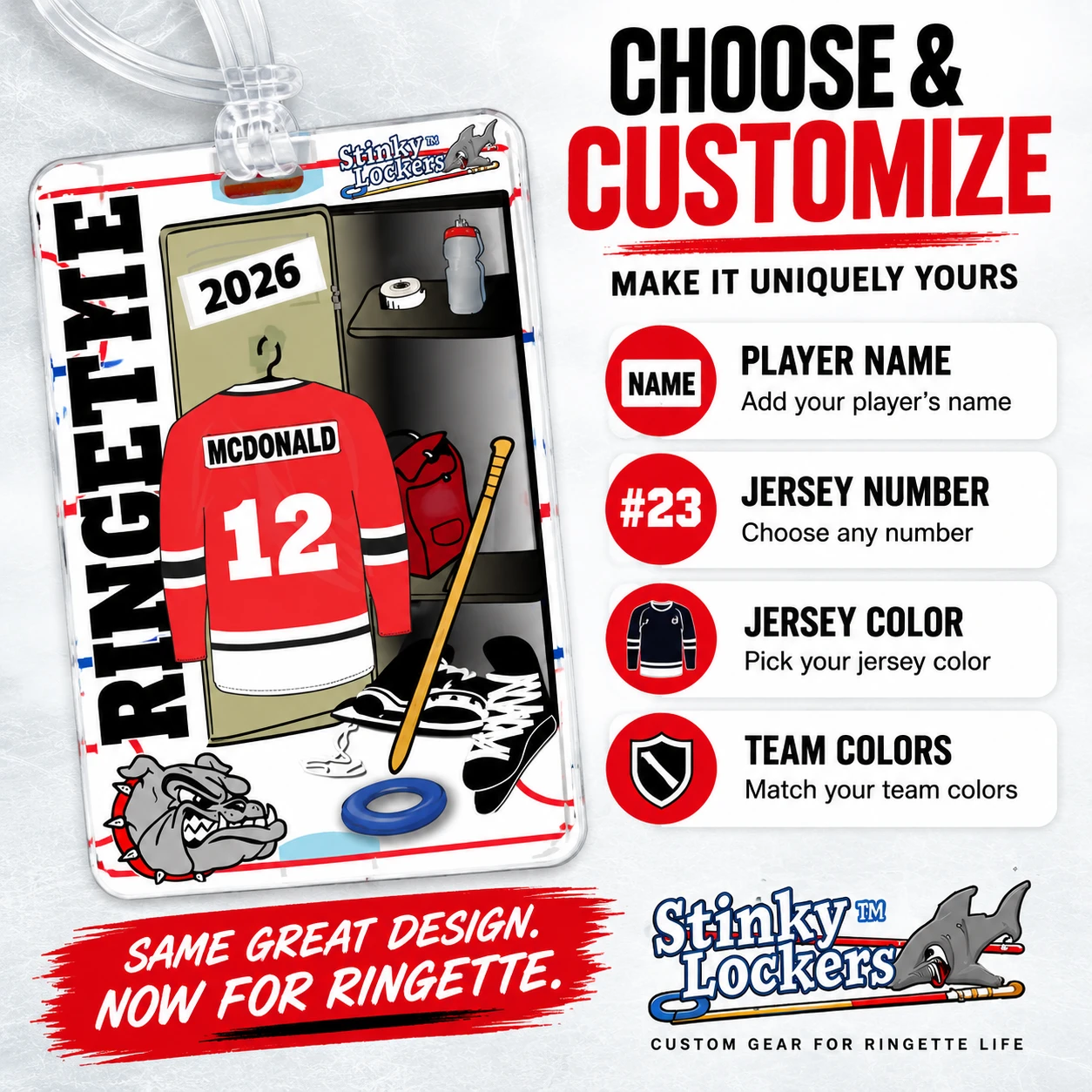 Customize your ringette bag tag with player name, jersey number and team colors.