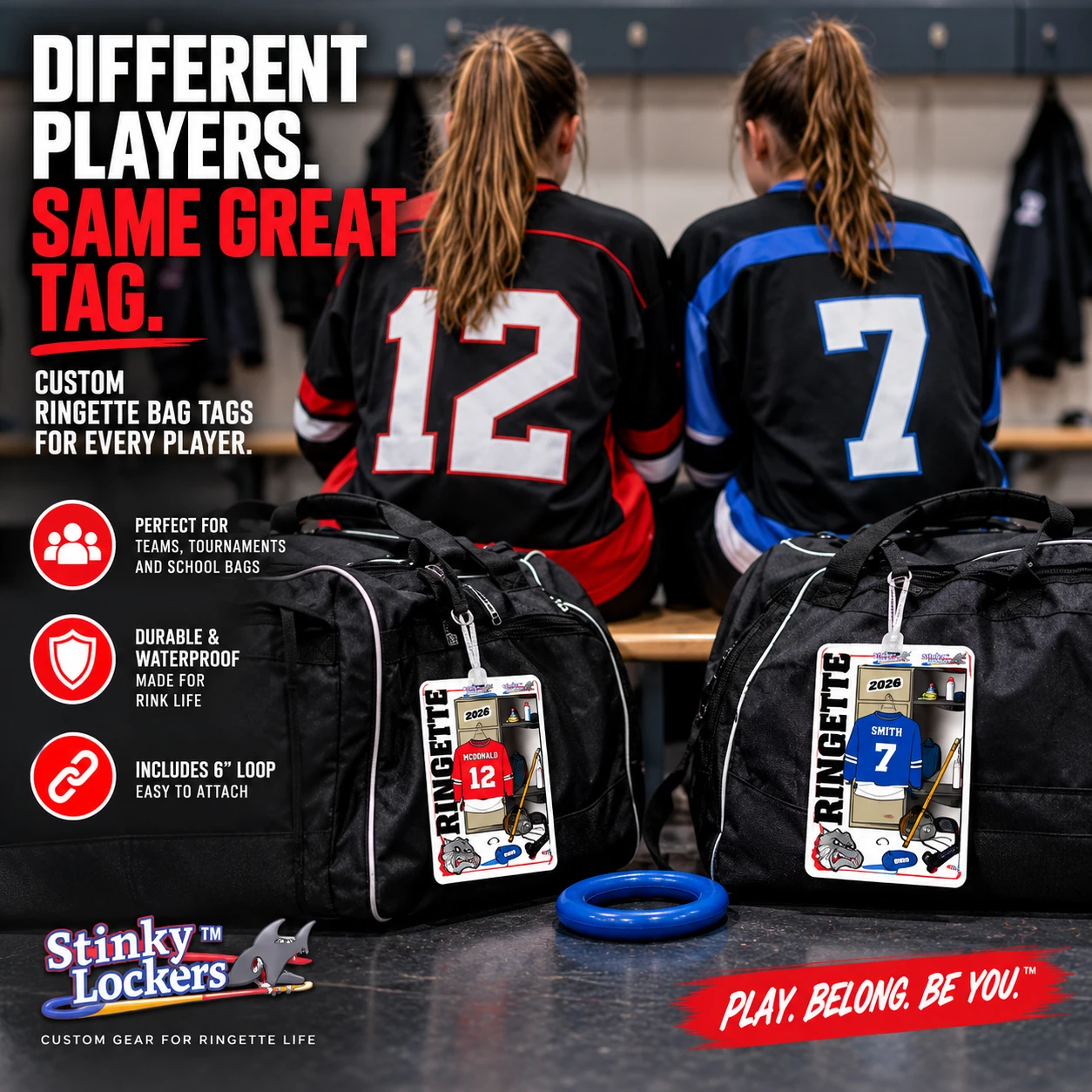 Personalized ringette bag tags for multiple players with different names, numbers and team colors.