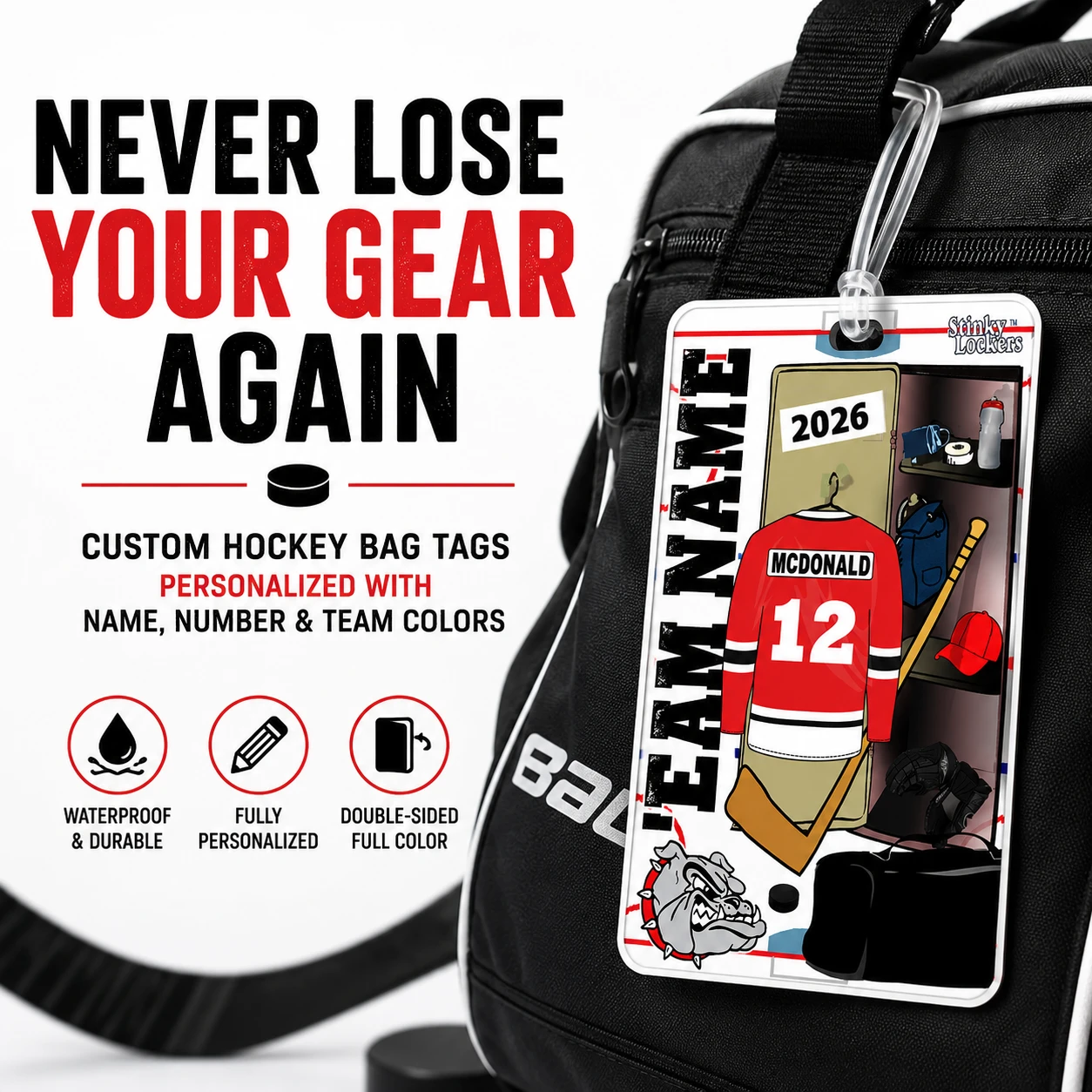 Personalized hockey bag tag customized with player name, jersey number and team colors for identifying hockey equipment bags and gea