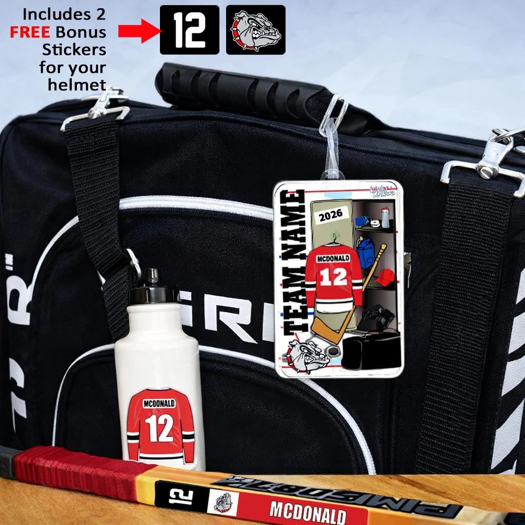 Stinky Lockers 3 Star Player Jersey Combo, includes a customizable hockey jersey with number 12 and a bulldog mascot, digitally illustrated on a keychain with hockey equipment and a water bottle, with bonus stickers for helmets.