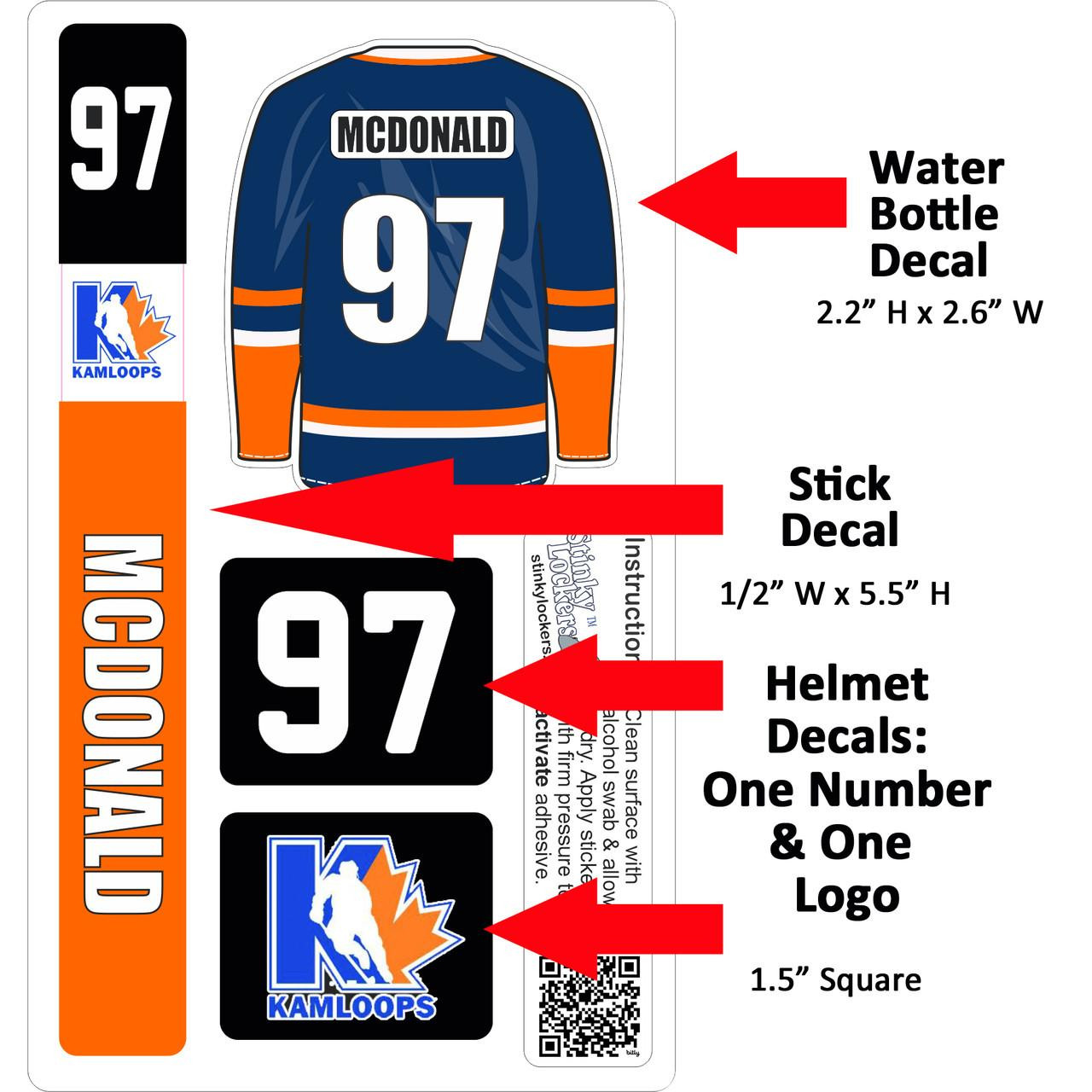 Stinky Lockers 3 Star Player Jersey Combo, water bottle decal, stick decal, helmet decals with one number and one logo.