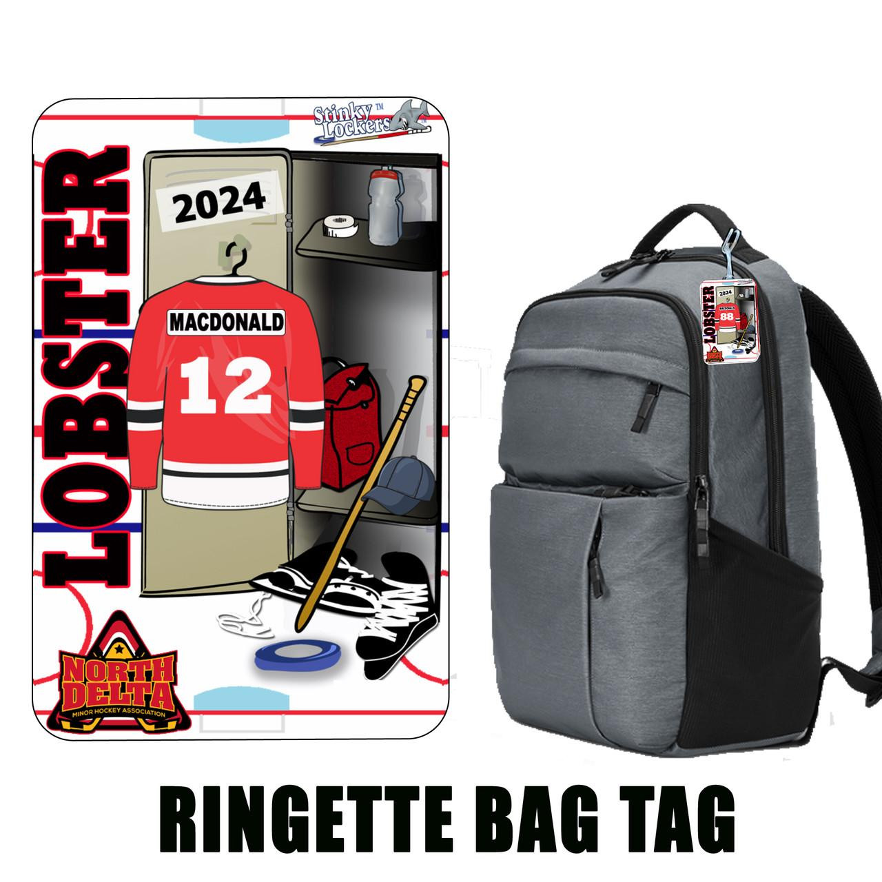 Personalized ringette stick label with name, number, team colors and logo on a ringette stick