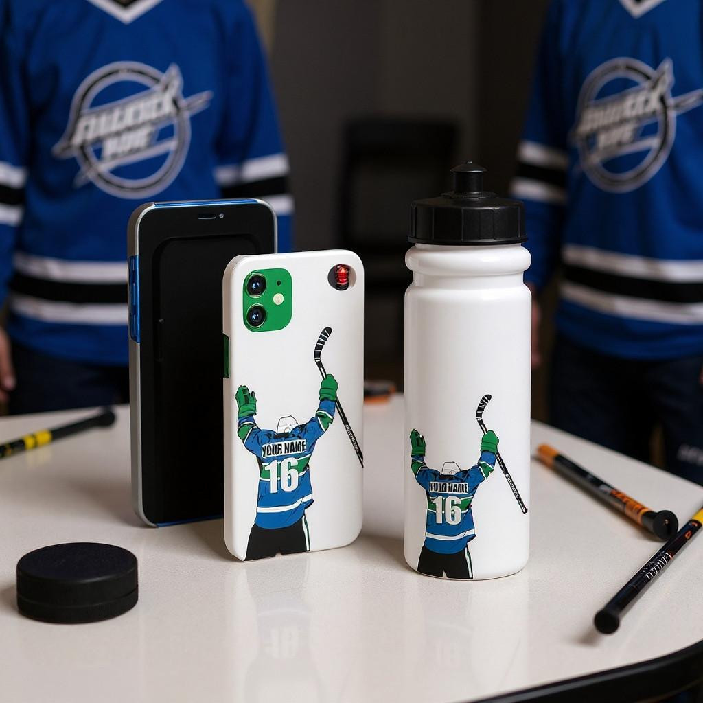 Stinky Lockers Personalized Hockey Sticker for your Water Bottle, Cell Phone, Laptop, Thermal Mug, featuring a hockey player celebration graphic on a white water bottle and a phone case.