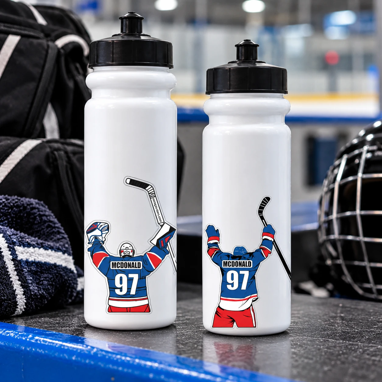 Custom hockey water bottle decals for players and goalies, personalized with name, number and team colors.
