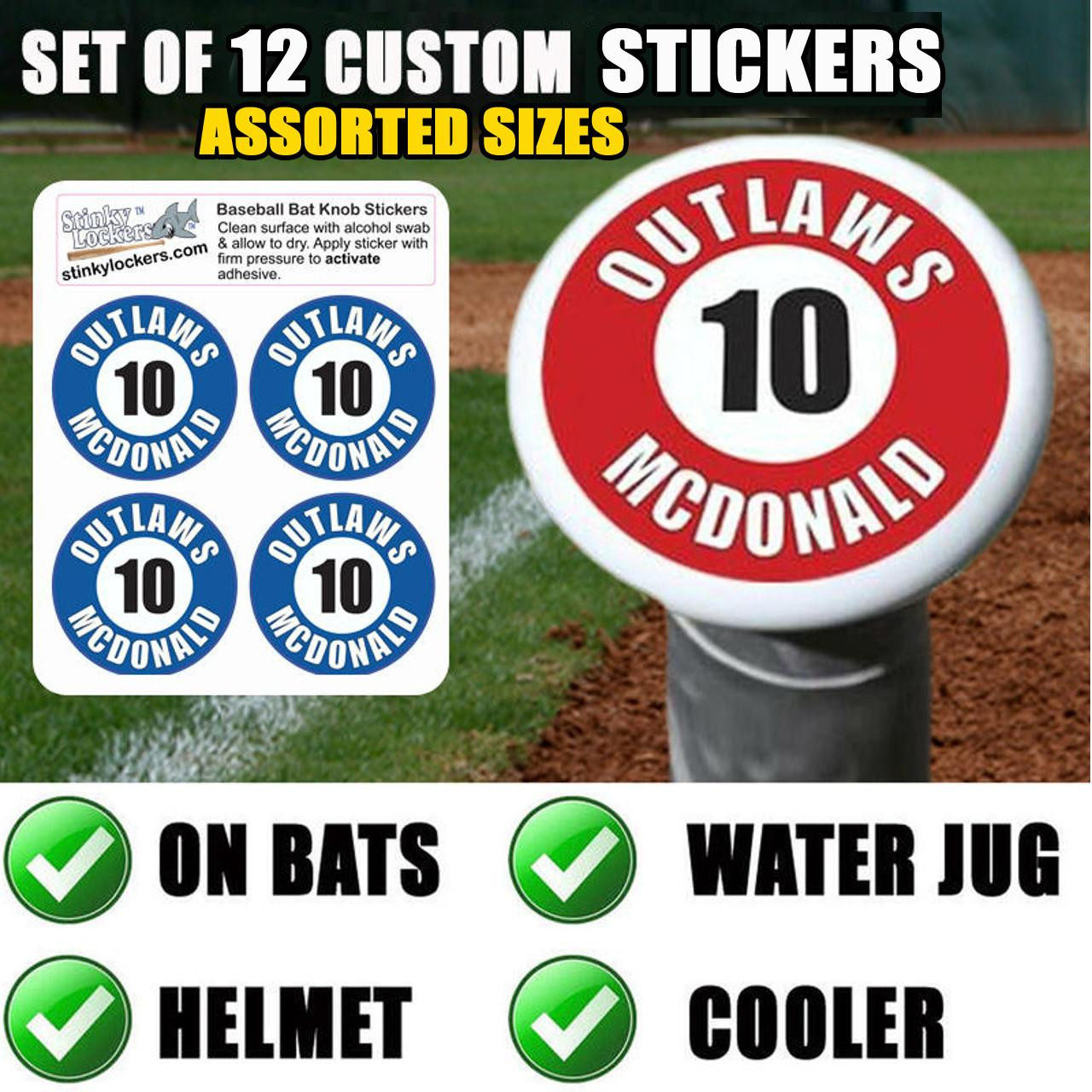 Youth baseball bat with personalized knob decal showing player number and name for easy identification during games and practices.