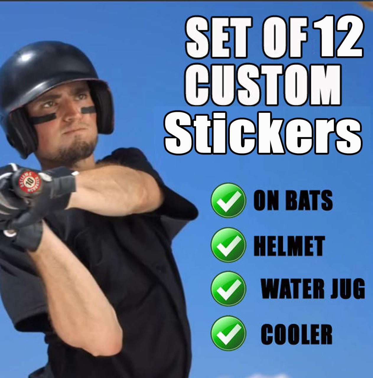 Personalized bat knob sticker applied to the bottom of a baseball bat, helping players quickly recognize their equipment in a busy dugout.