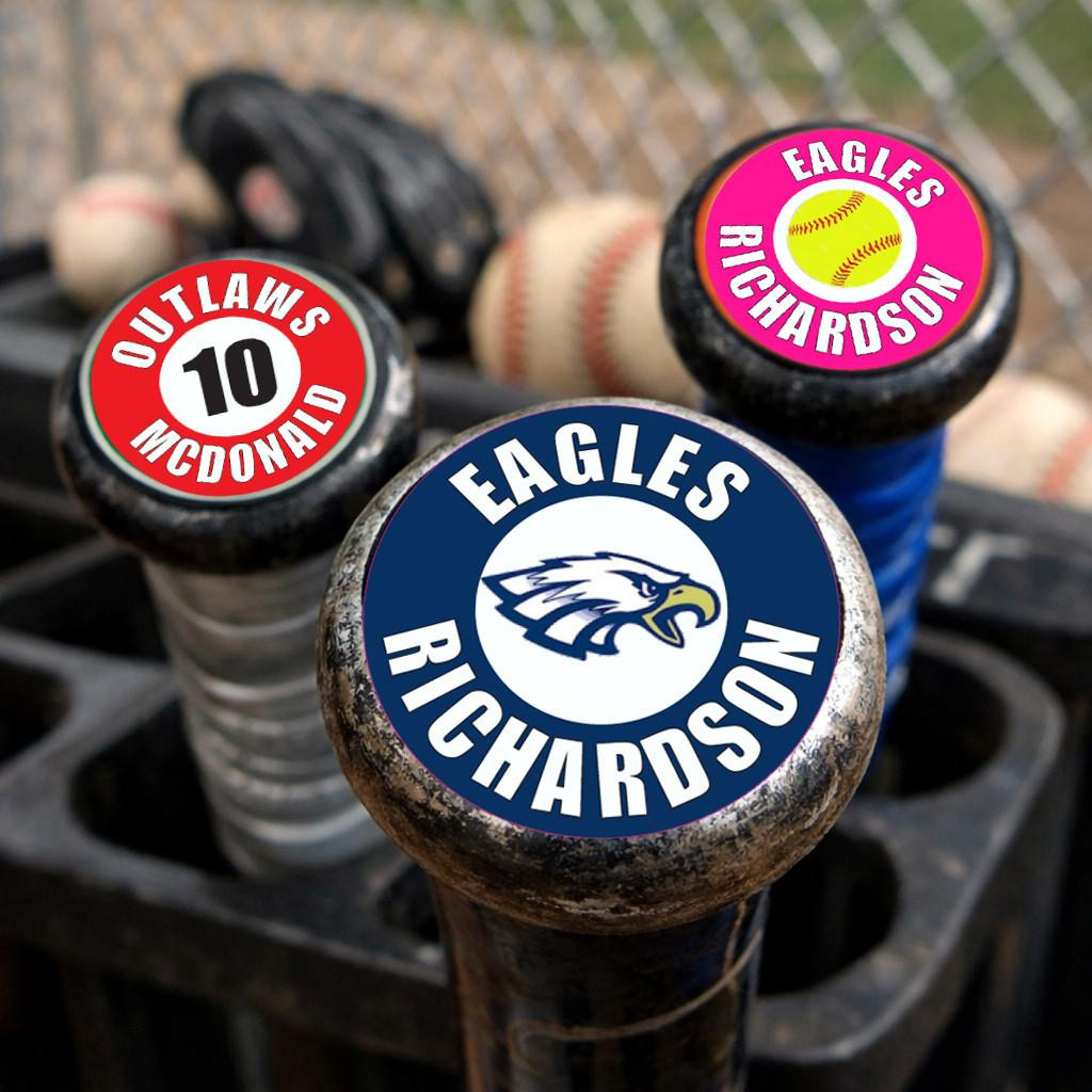 Stinky Lockers Personalized Baseball | Softball Bat Knob Sticker Set, close-up of baseball bat knobs with colorful team logos for Eagles Righardson and Outlaws McDonald.
