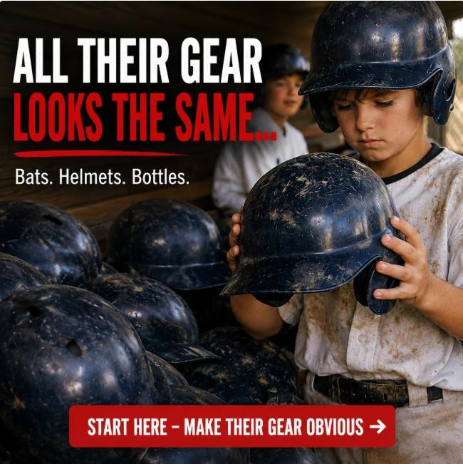 Stinky Lockers Grand Slam ID Pack, personalized gear stickers for baseball bats, helmets, and bottles, with children examining helmets in a dugout setting.