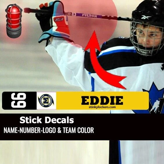 Personalized Mississauga Hurricanes hockey stick decal featuring player name MCDONALD, jersey number 87 and official team logo in navy blue, gold and white. Waterproof laminated vinyl hockey stick identification sticker.