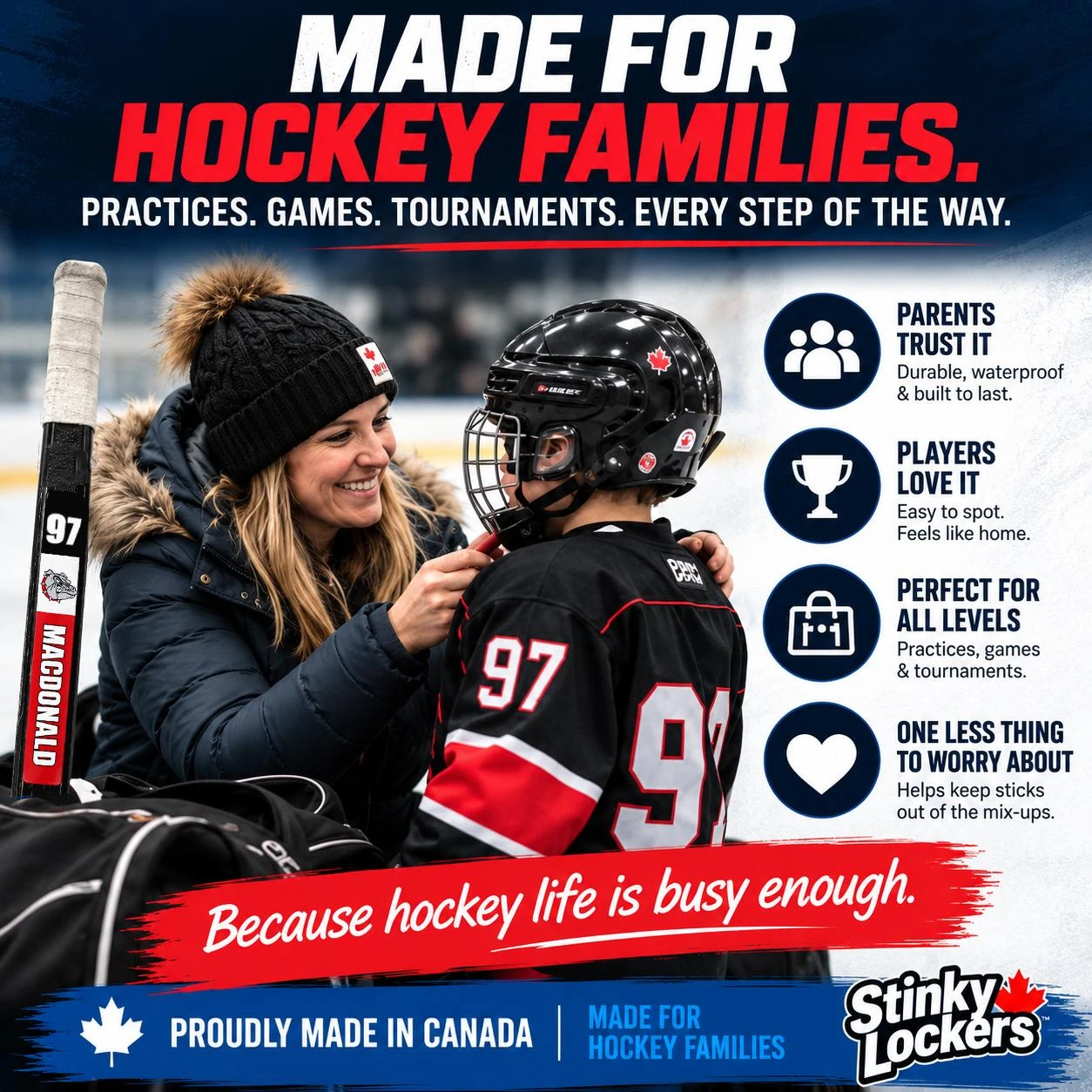 Stinky Lockers 3 Pack of Stick Decal - OTO, product image showing hockey-themed decals with a hockey player and a coach on the ice, promoting hockey families.