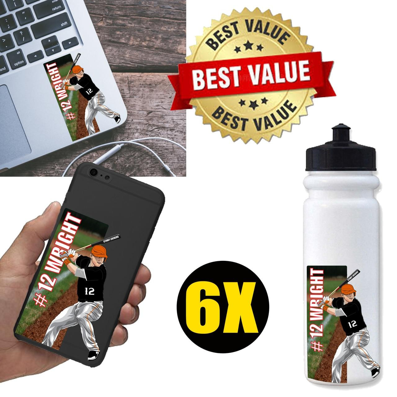 Personalized Baseball Hitter Water Bottle Stickers-6 Pack