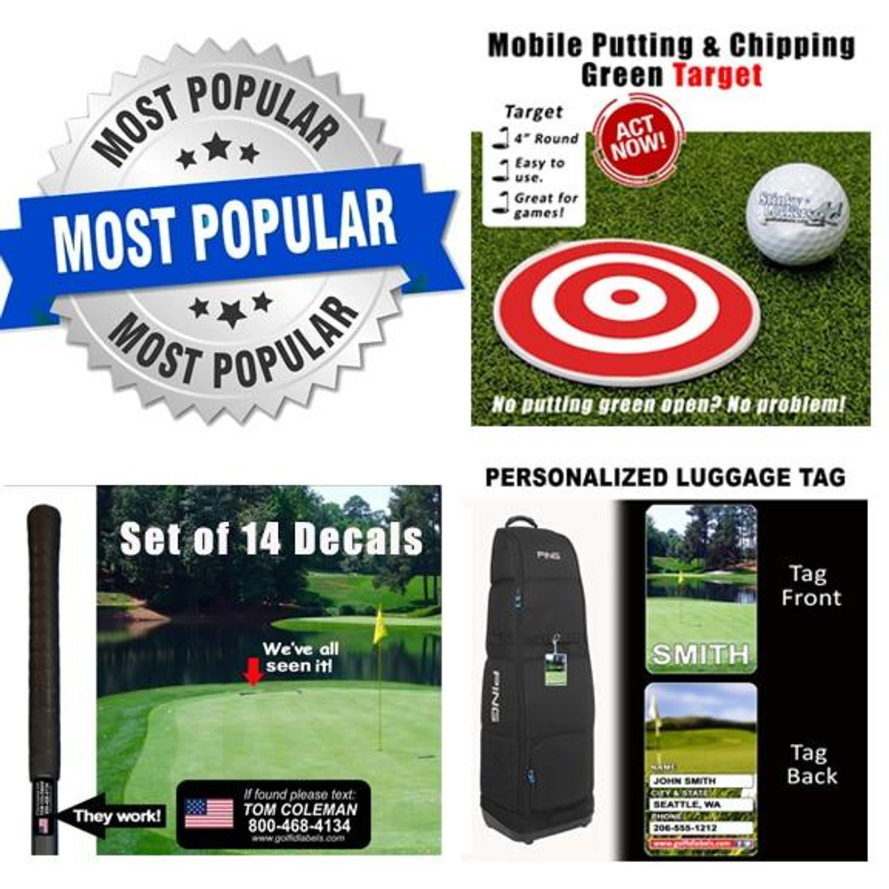 Golf ID Label Combo Includes Sets of 14 Golf ID Decals, 1 Personalized Bag Tag and 1 Golf Target