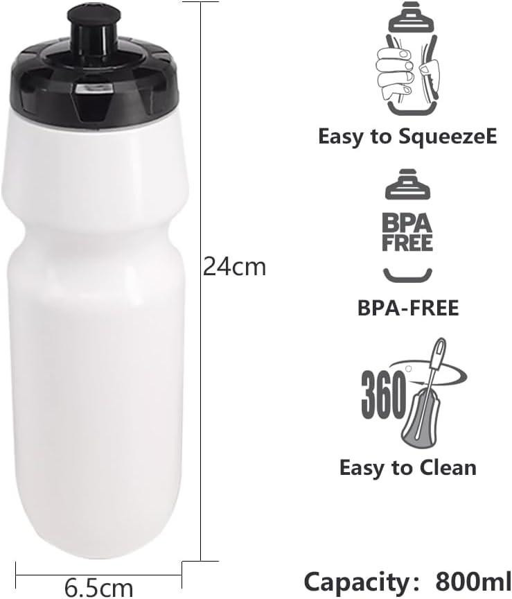 Stinky Lockers 20oz Sports Water Bottles, 10 Pack, Reusable No BPA Plastic, Pull Top Leakproof Drink Spout - Image of a white water bottle with black cap, measuring 24cm in height and 6.5cm in width, with icons highlighting easy squeeze, BPA-free, leakproof design, and 360-degree easy cleaning.
