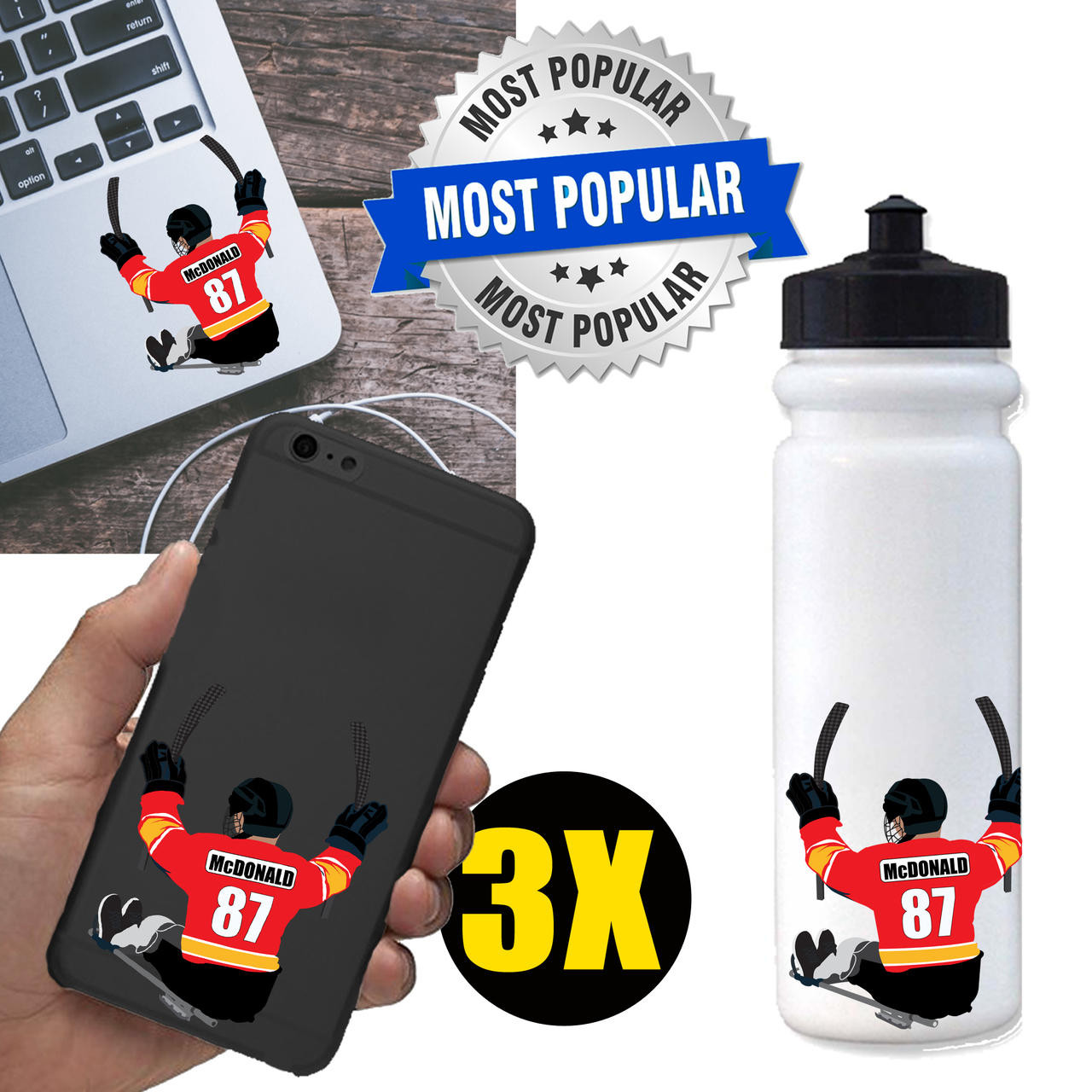 Personalized Sledge Hockey Water Bottle Stickers -3 Pack