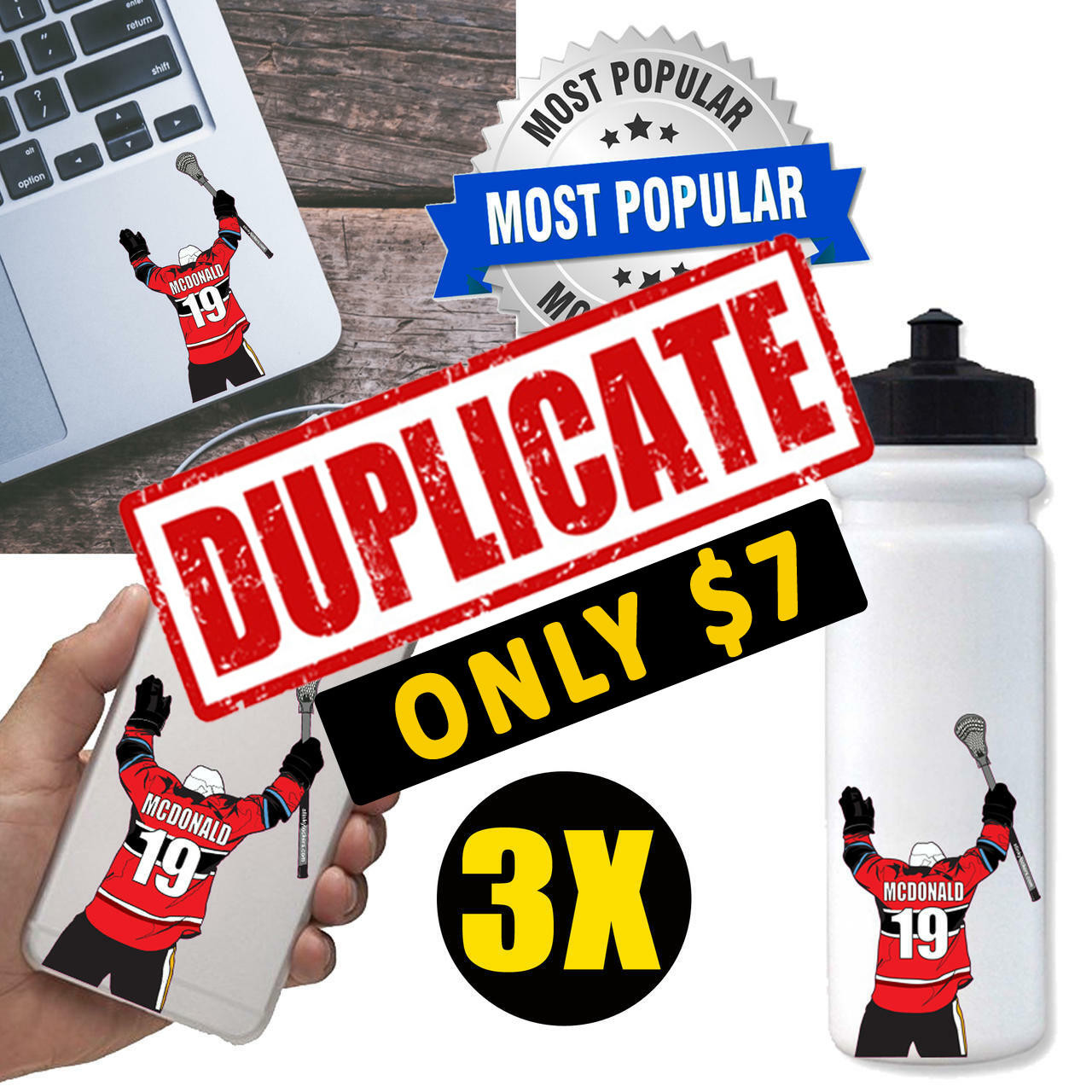 Duplicate 3 Pack Personalized Lacrosse Stickers