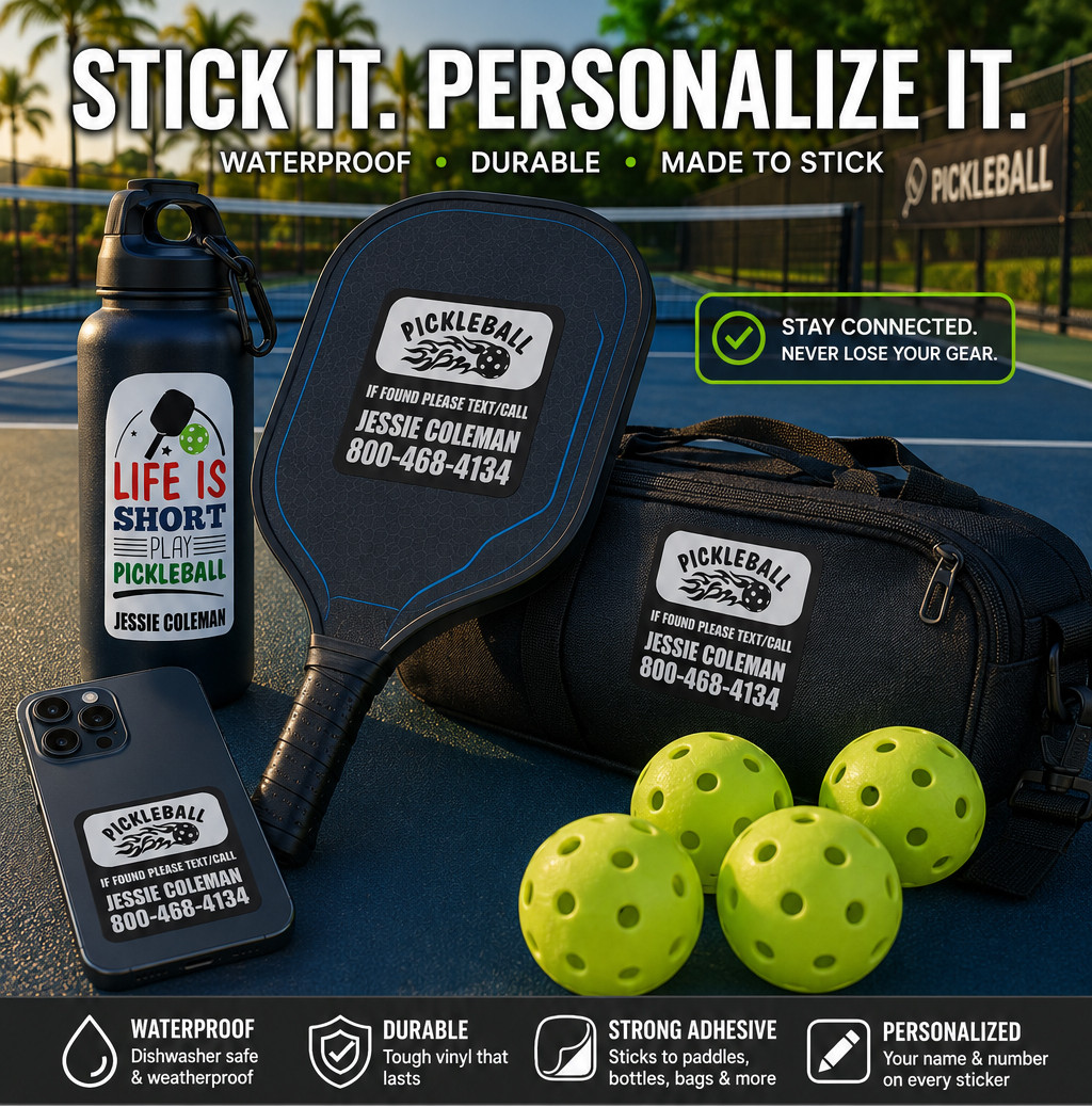 Personalize your pickleball paddle, water bottle, phone and gear bag with durable waterproof custom decals.