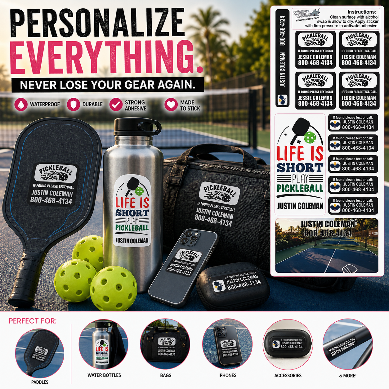 Lifestyle image of the Stinky Lockers Personalized Pickleball Decal Pack showcasing custom waterproof stickers on a pickleball paddle, stainless steel water bottle, phone, equipment bag and accessory case. Durable personalized pickleball stickers help identify your gear and are perfect for paddles, bags, bottles, phones and more. Made in Canada using premium laminated waterproof vinyl.