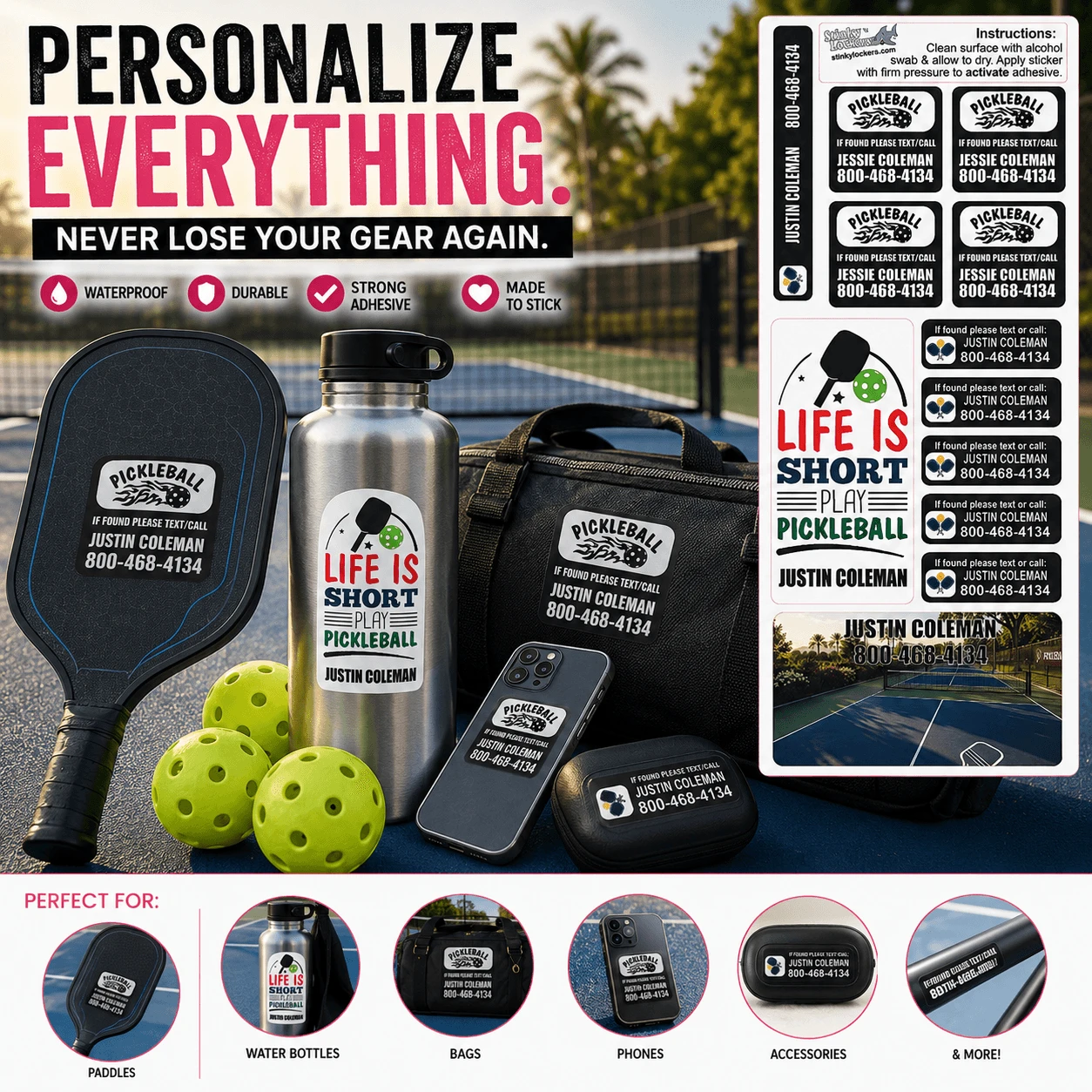 Stinky Lockers Personalized Pickleball Paddle Waterproof Decal Pack, custom name stickers for paddle, water bottle, phone, and gear, with examples of personalized stickers on paddle and water bottle, designed for outdoor pickleball equipment.