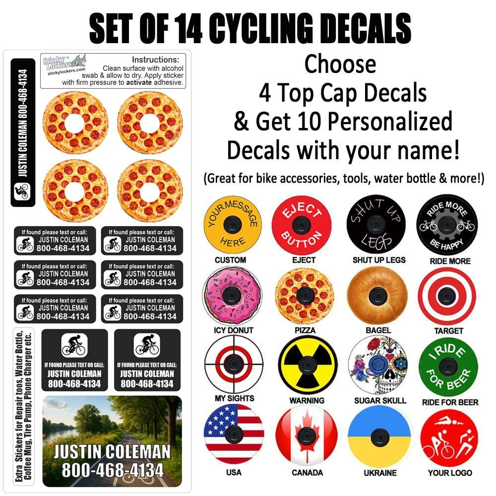 Stinky Lockers Personalized Bike Top Cap Decals – Set of 14, assorted cycling decals including pizza, donut, bagel, target, warning, sugar skull, beer, and custom options for road and mountain bikes.