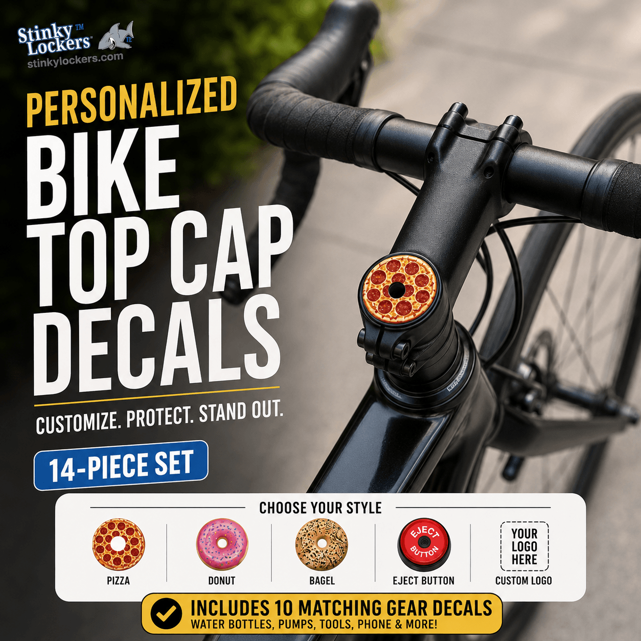 Stinky Lockers Personalized Bike Top Cap Decals – Set of 14 | Road & Mountain Bike Stickers, colorful bike handlebar top cap decals featuring pizza, donut, bagel, and ejected button designs for customizing bike accessories.