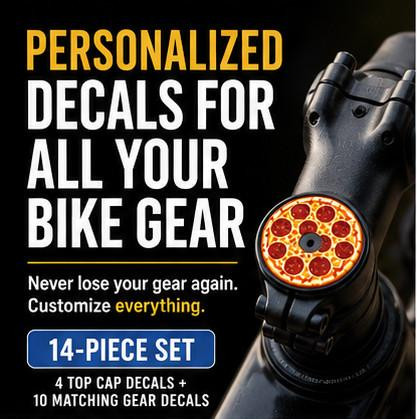 Stinky Lockers Personalized Bike Top Cap Decals – Set of 14, featuring colorful pizza-themed stickers on a bike top cap for road and mountain bikes.