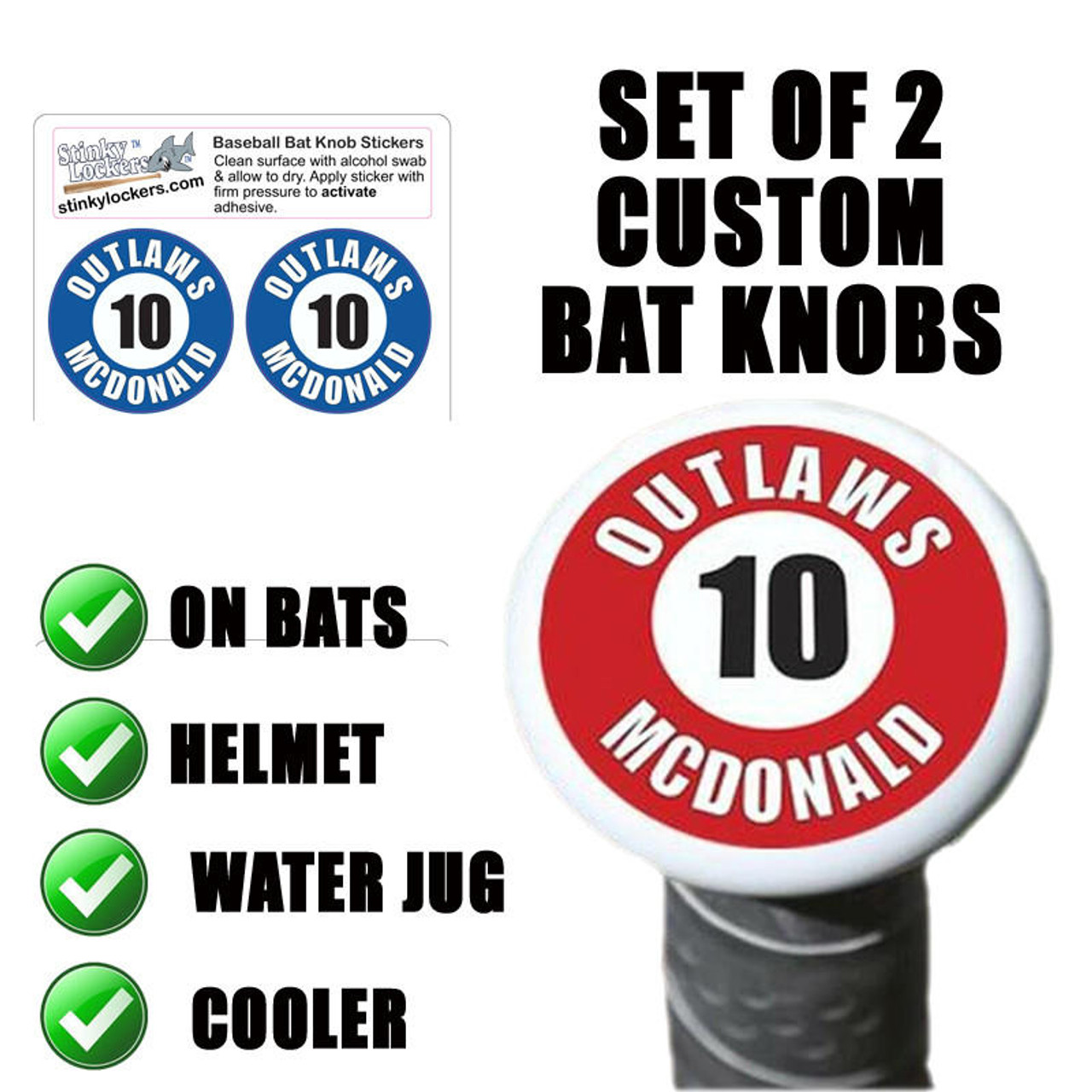 Stinky Lockers Personalized Baseball or Softball Bat Knob Sticker Set of 2