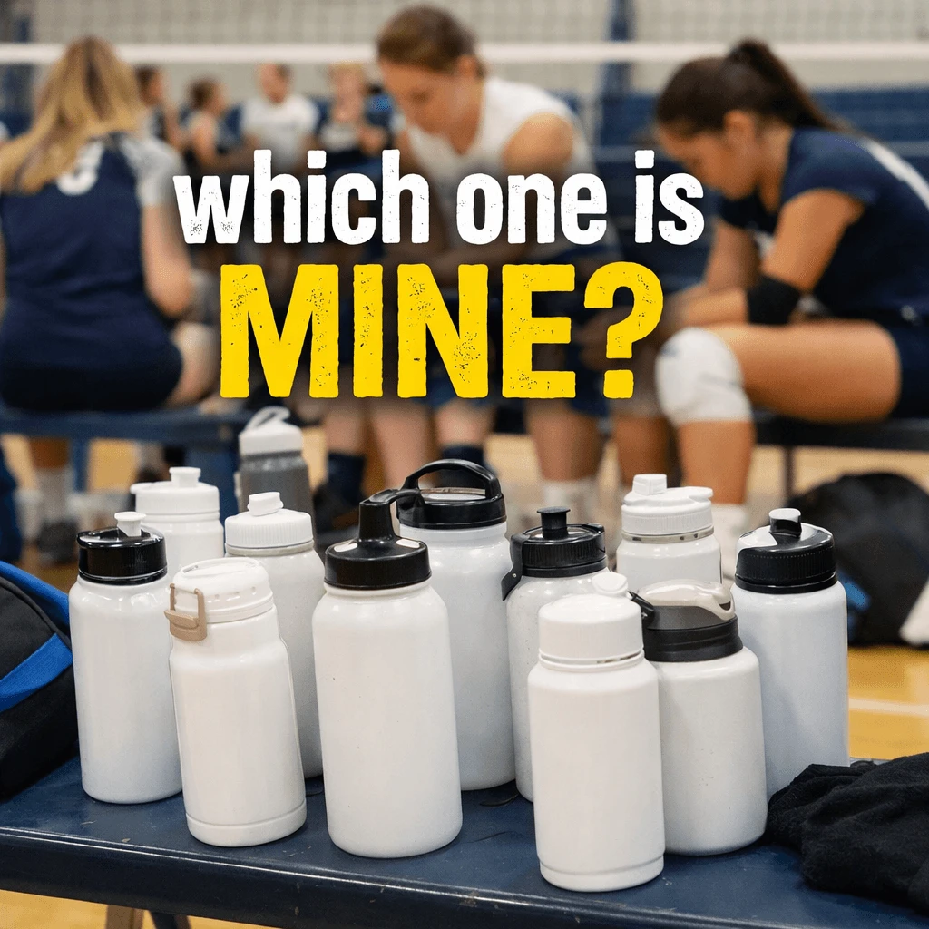 Stinky Lockers Personalized Female Volleyball Sticker, image of a group of female volleyball players sitting on a bench in a gym.