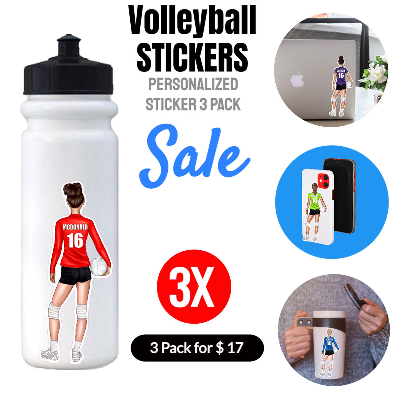Stinky Lockers 3 Pack Personalized Female Volleyball Sticker  
