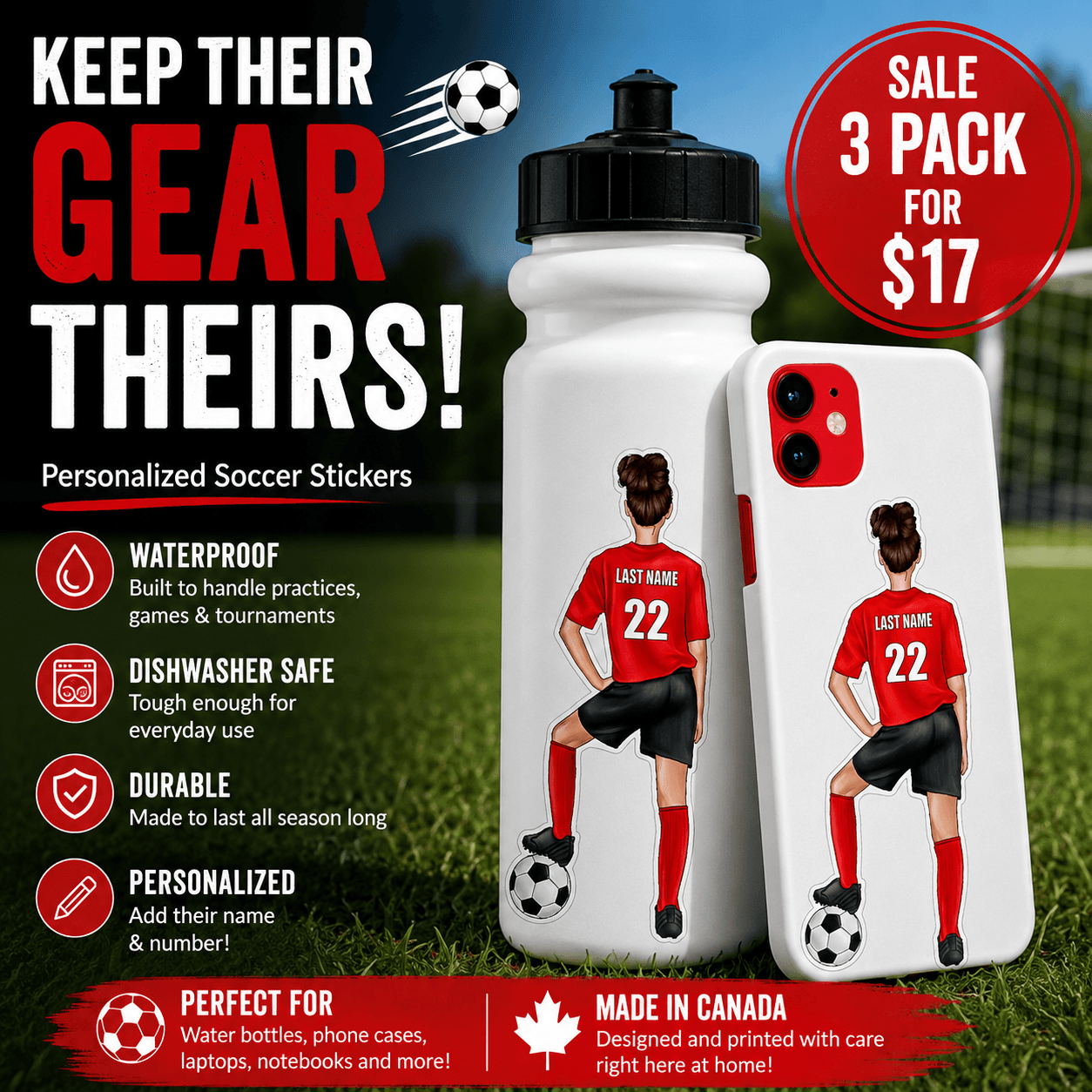 Stinky Lockers Personalized Female Soccer Sticker, a customized soccer sticker featuring a female player with last name and number on her red jersey, suitable for water bottles and phone cases.